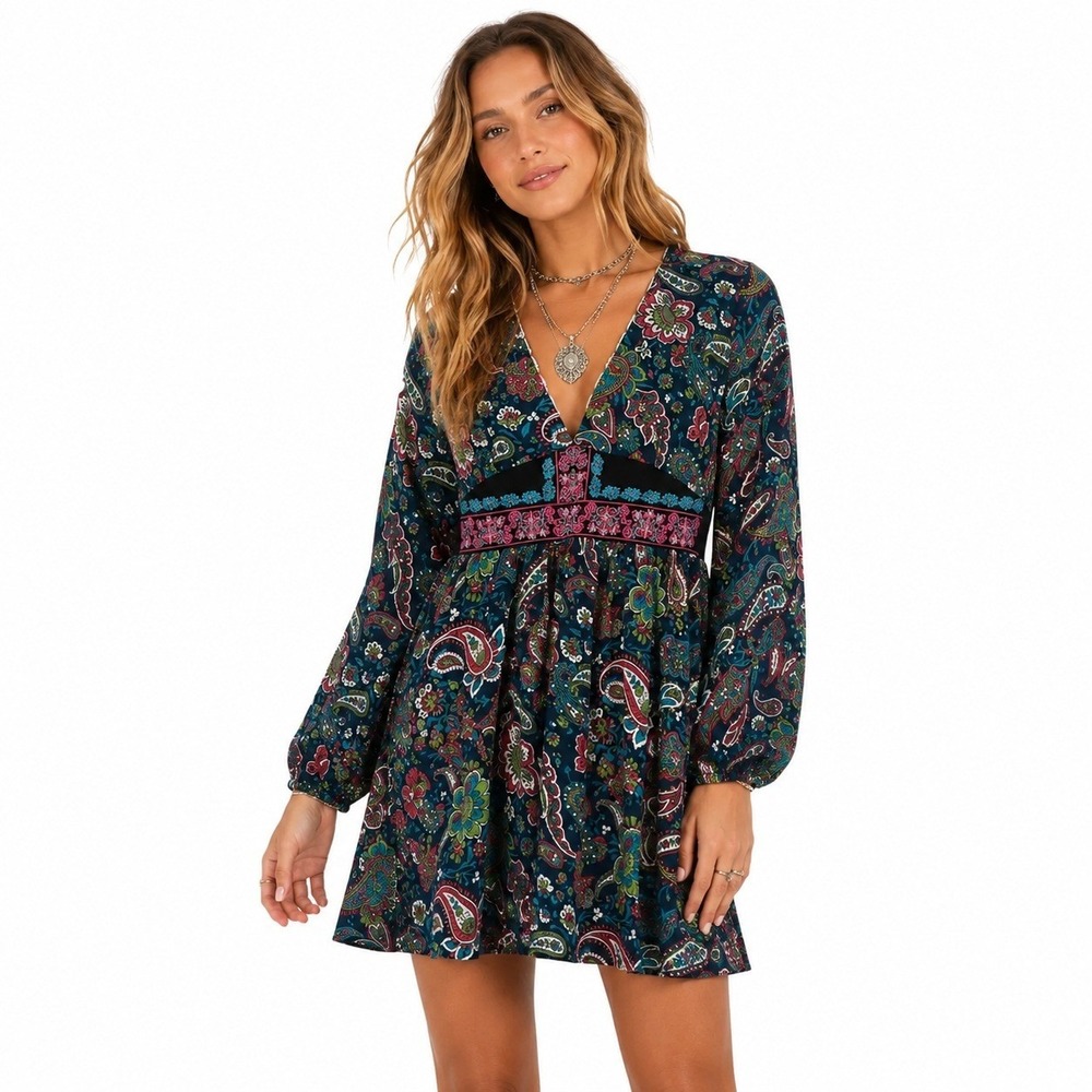 Flying Tomato Paisley Embroidered Mini Dress Navy Blue Boho 70s Hippie Size S